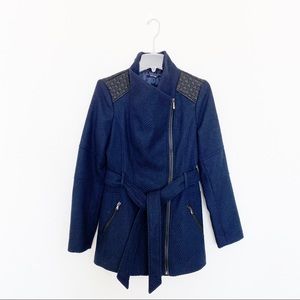 Black Rivet Asymmetric Leather Coat with Metal Hardware - Navy - Size Medium